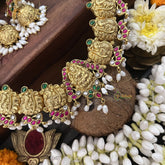 Vriksham Lakshmi Pendant With Gold Plated Peacock Style Kundan Jadau Short Neckpiece-Red Green-Rice Pearl-J3349